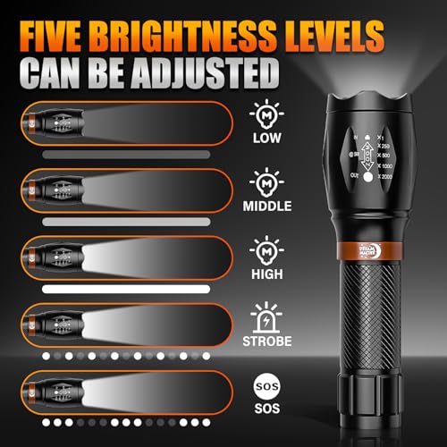 2 Pack LED Flashlights High Lumens with 6 AAA Batteries, 5 Modes Mini Waterproof Tactical Flashlight for Camping Hiking, Bright Flashlight with Zoomable, Christmas Gifts for Men Dad, Black & Coppery
