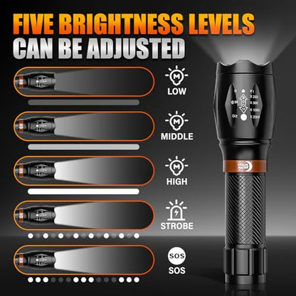 2 Pack LED Flashlights High Lumens with 6 AAA Batteries, 5 Modes Mini Waterproof Tactical Flashlight for Camping Hiking, Bright Flashlight with Zoomable, Christmas Gifts for Men Dad, Black & Coppery
