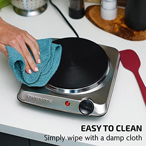 OVENTE Electric Countertop Single Burner, 1000W Cooktop with 7.25 Inch Cast Iron Hot Plate, 5 Level Temperature Controls, Compact Cooking Stove and Easy to Clean Stainless Steel Base, Silver BGS101S