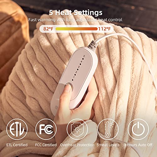 GOTCOZY Electric Blanket Heated Throw 50''X60''- Ribbed Faux Fur Heated Blanket with 5 Heating Level & 3 Hour Auto Off Heating Blanket, ETL&FCC Certified Machine Washable(Eggnog)