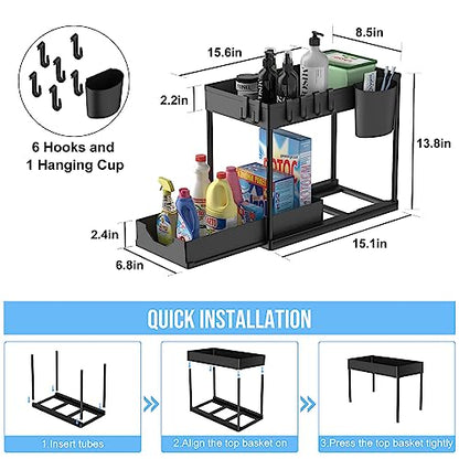 2 Pack Under Sink Organizer, 2 Tier Under Bathroom Cabinet Organizer 6 Hooks 1 Cup, Pull Out Cabinet Basket Organizer for Under the Kitchen Bathroom Sink Organizers and Storage