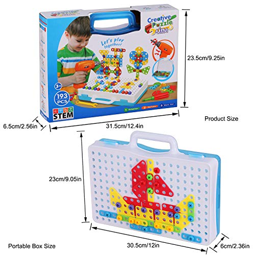 Haifeng 193 Pieces STEM Drill Toys Kit, DIY Creative Mosaic Drill Set for Kids, Construction Engineering Building Blocks Learning Kit for Ages 3-10 Years Old, Creative Games & Fun Activity