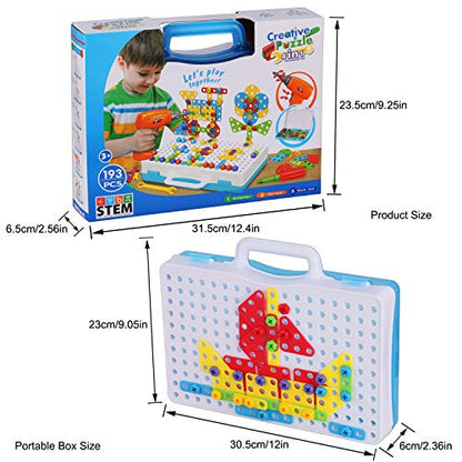 Haifeng 193 Pieces STEM Drill Toys Kit, DIY Creative Mosaic Drill Set for Kids, Construction Engineering Building Blocks Learning Kit for Ages 3-10 Years Old, Creative Games & Fun Activity