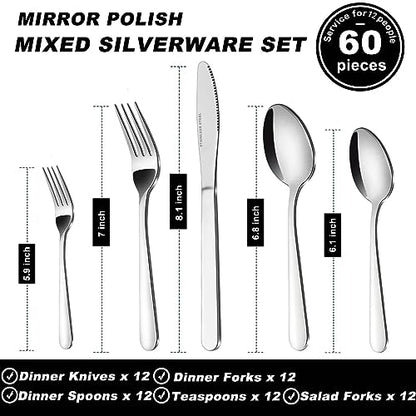 Bestdin Silverware Set for 12, 60-Piece Spoons and Forks Set, Food-Grade Cutlery Set, Stainless Steel Forks and Spoons Silverware Set, Flatware Sets Includes Knife/Fork/Spoon, Dishwasher Safe.