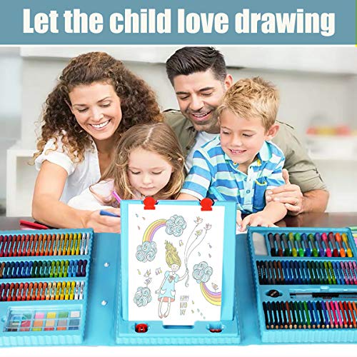 Art Supplies, KINSPORY 228 Pack Art Sets Crafts Drawing Coloring kit, Double-Side Trifold Art Easel, Oil Pastels, Crayons, Colored Pencils, Creative Gift for Beginners Artists Girls Boys Kids (Blue)