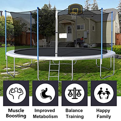 Tatub 15 16 FT Trampoline with Enclosure Net, Basketball Hoop and Ladder, Outdoor Family Jumping Trampoline for 6-8 Kids Light Grey