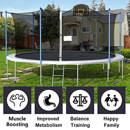 Tatub 15 16 FT Trampoline with Enclosure Net, Basketball Hoop and Ladder, Outdoor Family Jumping Trampoline for 6-8 Kids Light Grey