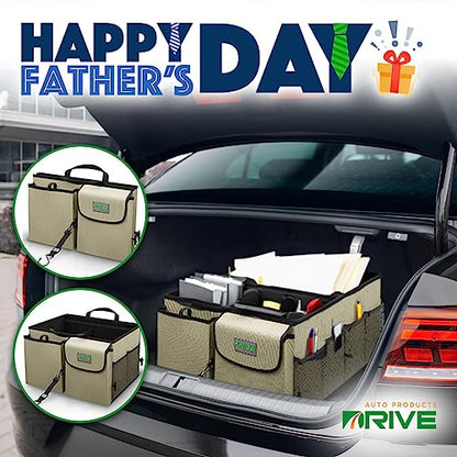 Drive Auto Car Trunk Organizer - Collapsible, Multi-Compartment Automotive SUV Car Organizer for Storage w/Adjustable Straps - Truck & Car Accessories for Women and Men - Tan