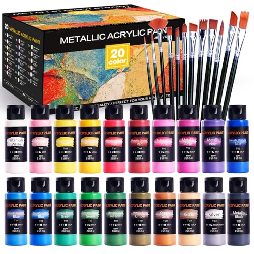 Metallic Acrylic Paint Set with 12 Brushes, Metallic Acrylic Paint Sets with 20 Colors (60ml, 2oz), Acrylic Paint Set for Artists, Beginners on Rocks, Canvas, Wood, Fabric