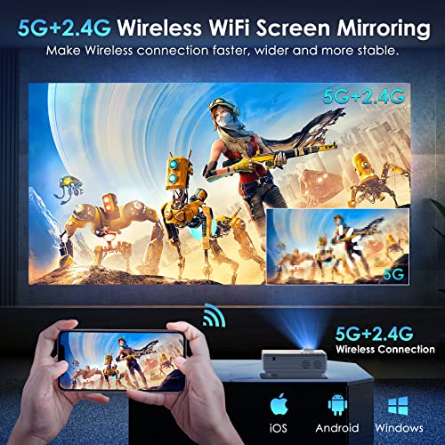 YOWHICK Projector with 5G WiFi Bluetooth Projector, Native 1080P Outdoor Projector 4K Support, Mini Portable Movie Video Projector with Screen, for HDMI, VGA, USB, Laptop, iOS & Android Phone