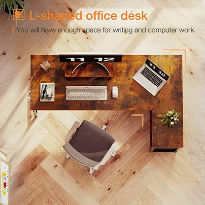 ODK Small L Shaped Computer Desk with Reversible Storage Shelves, 58 Inch L-Shaped Corner Desk with Monitor Stand for Small Space, Modern Simple Writing Study Table for Home Office, Rustic Brown