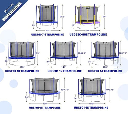 Machrus Upper Bounce Trampoline 7.5FT 9FT 10FT 12FT 14FT 15FT 16FT, Enclosed Trampoline, Trampoline Kids, Trampoline Adults, Trampoline Kids and Adults, Kids Trampoline, Recreational Trampolines