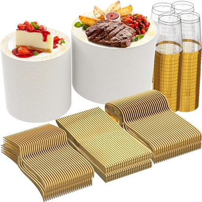 GreenElevate Plastic Plates, 300 Pieces Disposable Plates for 50 Guests: 50 Dinner Plates, 50 Dessert Plates, 50 Cups, 50 Gold Plastic Silverware, Disposable Party Plates Set