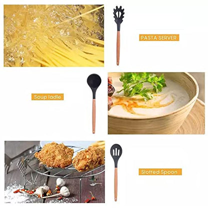 Karangred 12Pcs Silicone Cooking Kitchen Utensils Set with Holder,Wooden Handles Cooking Tool,BPA Free,Non Toxic Turner Tongs Spatula Spoon Kitchen Gadgets Set for Nonstick Cookware (Black)