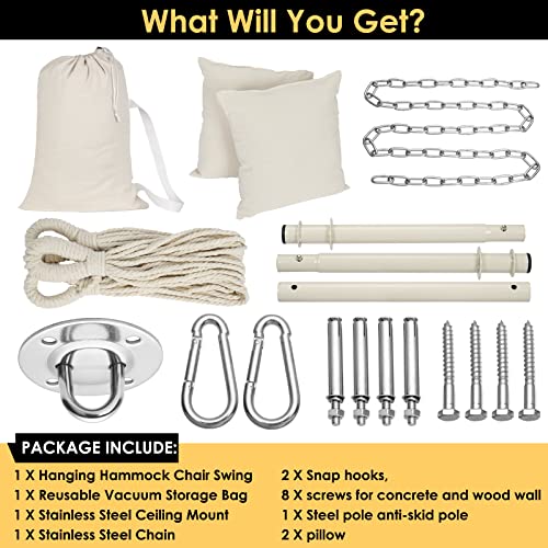 Y- STOP Hammock Chair Hanging Rope Swing, Max 500 Lbs, 2 Cushions Included, Large Macrame Hanging Chair with Pocket for Superior Comfort, with Hardware Kit (Beige)