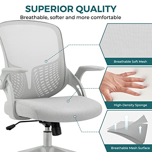 SMUG Home Office Ergonomic Desk Mesh Computer Modern Height Adjustable Swivel Chair with Lumbar Support/Flip-up Arms, Grey, 17" D x 19.5" W x 36" H