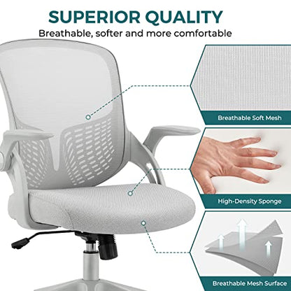 SMUG Home Office Ergonomic Desk Mesh Computer Modern Height Adjustable Swivel Chair with Lumbar Support/Flip-up Arms, Grey, 17" D x 19.5" W x 36" H