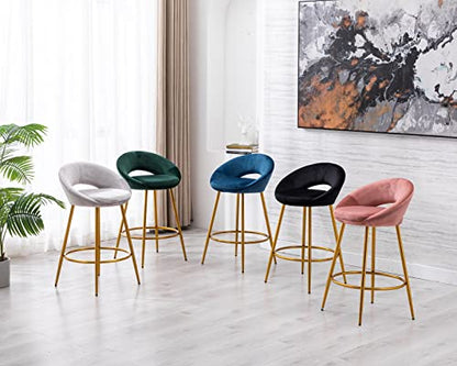 CIMOTA Velvet Grey Bar Stools Set of 2 Modern Barstools 26 Inch Counter Stool Chairs with Open Back/Gold Base Kitchen Stools for Island/Home Bar/Dining Room/Kitchen