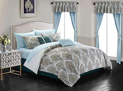 Chic Home Vivaldi 20 Piece Comforter Set Medallion Quilted Embroidered Design Complete Bag Bedding, Queen Green