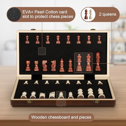DAWEN LONE 15" Chess Set,Chess Board,Magnetic Wooden Chess Board,Augment 2 Queen,Folding Board Individual Piece Storage Slot and Storage Bag,Suitable for Beginners All Chess Lovers