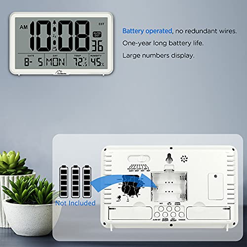 WallarGe Auto Set Digital Wall Clock Battery Operated,Desk Clocks with Temperature,Humidity and Date,Large Display Digital Calendar Alarm Clock for Elderly,Bedroom,Office,8 Time Zone, Auto DST.