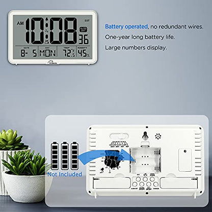 WallarGe Auto Set Digital Wall Clock Battery Operated,Desk Clocks with Temperature,Humidity and Date,Large Display Digital Calendar Alarm Clock for Elderly,Bedroom,Office,8 Time Zone, Auto DST.
