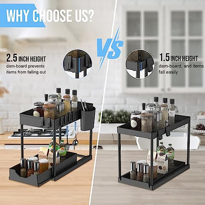 2 Pack Under Sink Organizer, 2 Tier Under Bathroom Cabinet Organizer 6 Hooks 1 Cup, Pull Out Cabinet Basket Organizer for Under the Kitchen Bathroom Sink Organizers and Storage