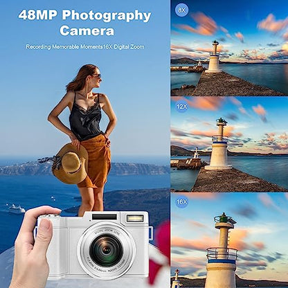 4K Digital Camera for Photography, Autofocus 48MP Vlogging Camera for YouTube with 16X Digital Zoom, White Camera, 3’’180°Flip Screen Compact Video Camera with Liftable Flash, SD Card&2 Batteries