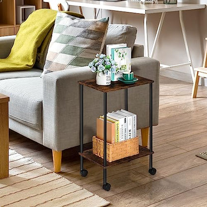 Fogein Set of 2 End Table with Wheels, 2-Tier Side Table, Sode Table, Side Table with Storage, Table Stand, Nightstand for Living Room Bedroom Small Space Table(Brown)