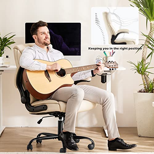 JHK Executive High Back Big and Tall Leather Office Desk Chairs with Flip Up Arms Ergonomic Lumbar Support, Adjustable Height,Wheels, Soft Padded, Black, Cream