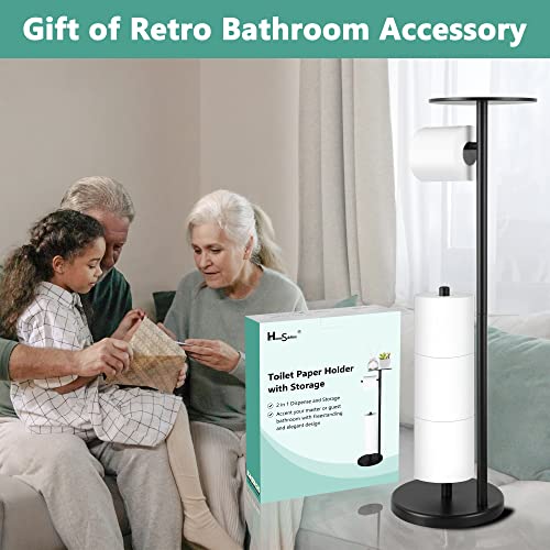 Toilet Paper Holder Stand, Bathroom Free Standing Toilet Roll Holder with Top Shelf for Phone/Wipes, Dispenser and Reserve for 4 Rolls, Black, Housen Solutions