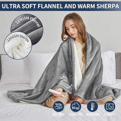 JKMAX Heated Blanket Electric Throw - 50"x60" Electric Heating Blanket 10 Heat Setting 5 Levels Auto-Off Heated Throw Blanket Overheat Protection Soft Flannel Sherpa Electric Blanket ETL Certified