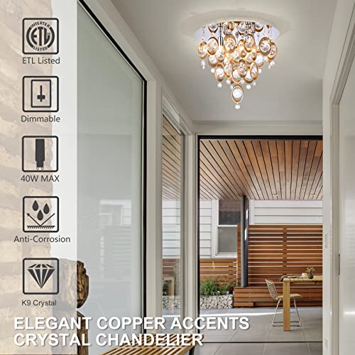 QQHOO Crystal Chandelier Lighting Fixture 4-Lights,G9 Close Flush Mount Ceiling Light for Bedroom Bathroom Kitche Island. (Copper)