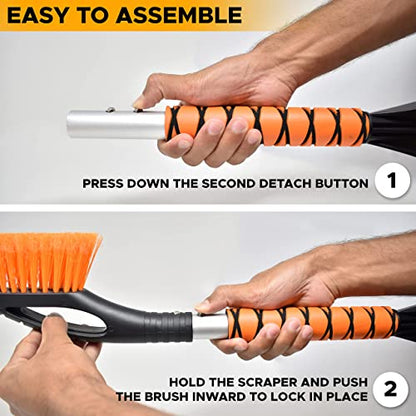 EcoNour 27" Aluminum Snow Brush with Ice Scrapers for Car Windshield and Window (1Pack) | Car Snow Scraper and Brush with Ergonomic Foam Grip Winter Accessories (Orange)