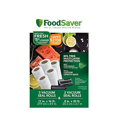 FoodSaver VS0150 PowerVac Compact Vacuum Sealing Machine, Black & 8" and 11" Vacuum Seal Rolls Multipack, Make Custom-Sized BPA-Free Vacuum Sealer Bags, Multi-Pack, Clear