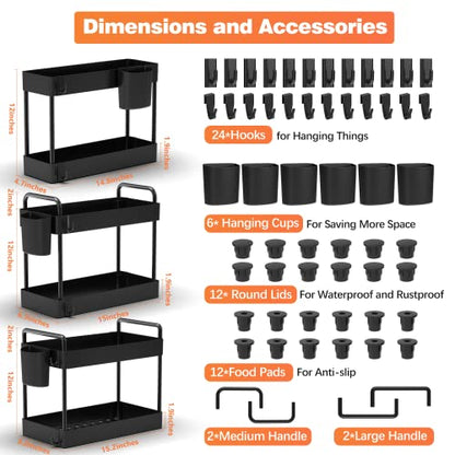 Warmodern 3 Pack Bathroom Organizer Under Sink,2 Tier Bathroom Cabinet Organizer, Bathroom Organizer Under Sink Baskets with 24 Hooks and 6 Hanging Cups, Multifunction Under Cabinet Storage