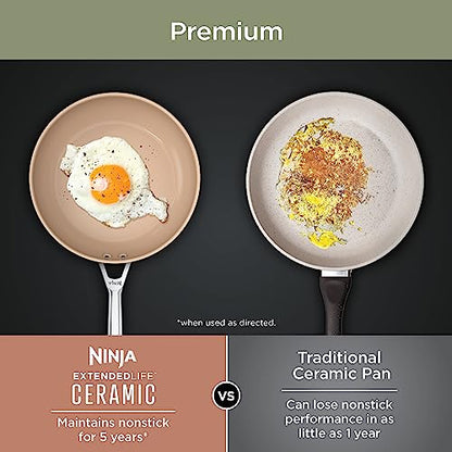 Ninja CW99009 Extended Life Premium Ceramic Cookware Set, Nonstick Fry Pans, PFAS Free, Healthy Cooking, Oven Safe to 550°F, Dishwasher Safe, All Stovetops & Induction Compatible, Grey, 9 Piece Set