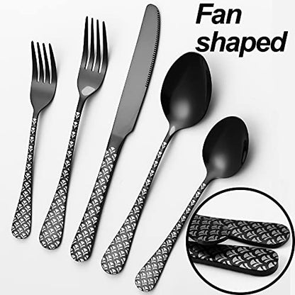 Black Silverware Set, YFBXG 20 Piece Black Sliverware Flatware Cutlery Set，Stainless Steel Black Utensil Set for 4,Knives and Forks and Spoons Sets With Patten Handle （Fan-shaped,Black）