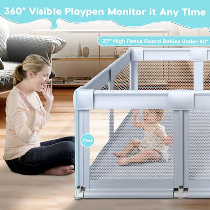 Fshibila 74" ×50" Large Baby Playpen, Baby Playard for Babies and Toddlers, Baby Fence Play Pens for Indoor & Outdoor, Sturdy Safety Play Yard with Soft Breathable Mesh, Anti-Fall, Grey