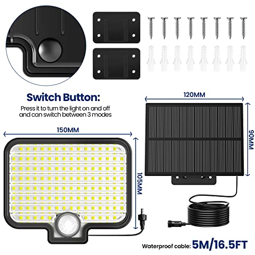 Solar Lights Outdoor 7500K, 120 LED Motion Sensor Solar Wall Light with 16.5ft Cable, IP65, 3 Modes Solar Flood Security Lights 150° Wide Angle Illumination for Patio, Garage, Porch, Yard (2 Packs)
