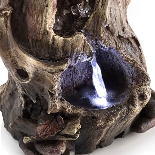 Alpine Corporation WIN326 Indoor Tabletop Light-Up Tiered Rainforest Tree Trunk Water Fountain with LED Lights, 11", Brown