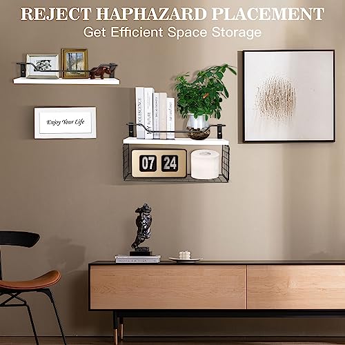 Floating Shelves, Bathroom Shelves with Metal Guardrail Shelves for Wall Decor Set of 3, Rustic Wood Wall Shelves for Bathroom,Bedroom, Living Room, Kitchen, Plants (White)