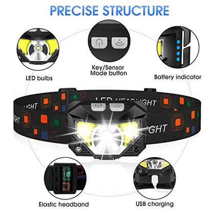 Headlamp Flashlight, LHKNL 1200 Lumen Ultra-Light Bright LED Rechargeable Headlight with White Red Light, 2-PACK Waterproof Motion Sensor Head Lamp, 8 Modes for Outdoor Camping Running Cycling Fishing