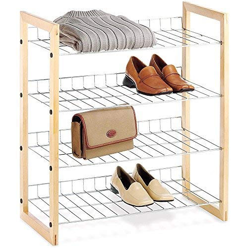Whitmor 4 Tier Storage Organizer-Natural Wood and Chrome Closet, 4 Shelf