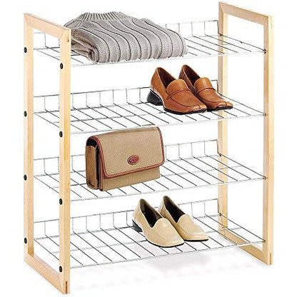 Whitmor 4 Tier Storage Organizer-Natural Wood and Chrome Closet, 4 Shelf