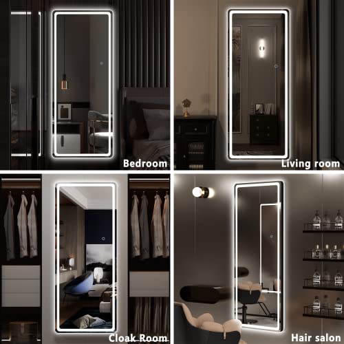 Hasipu Full Length Mirror with Lights, 44" x 16" LED Lighted Wall Mounted Mirror, Over The Door Hanging Mirror, Light Up Full Body Mirror, Long Dressing Mirror Black