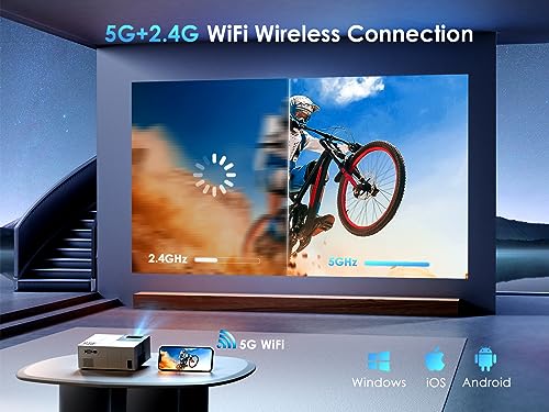 Native 1080P 5G WiFi Bluetooth Projector 4K Support, 350 ANSI YOWHICK Outdoor Movie Projector with Screen and 300" Display, Video Projector Compatible w/iOS/Android/Win/TV/PS5, White