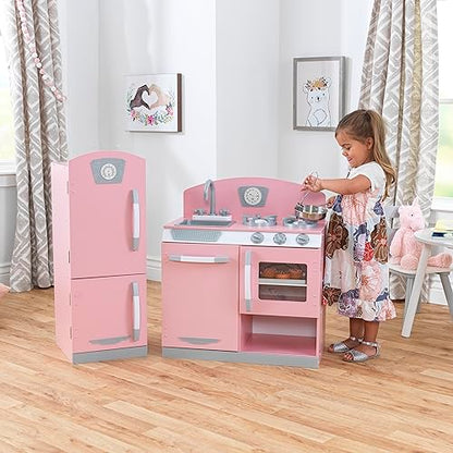 KidKraft Retro Wooden Play Kitchen and Refrigerator 2-Piece Set with Faucet, Sink, Burners and Working Knobs, Pink, Gift for Ages 3+