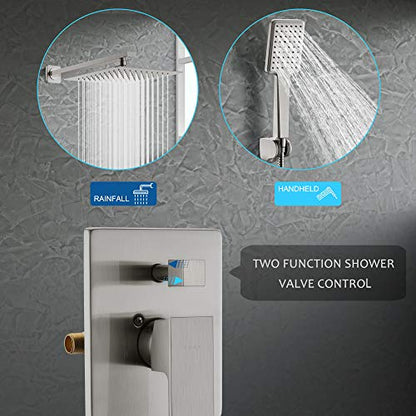 SOKA Shower Faucet Set Chrome 10 Inch Rainfall Shower Head And High Pressure Handheld Shower Head Rain Shower System Shower Trim Kit with Valve Pressure Balance Wall Mount Square Shower Combo Set