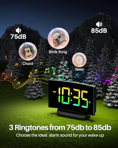 GOLOZA Digital Alarm Clocks for Bedrooms, Digital Clock with 6 Colors RGB Display, 5-Level Brightness + Off, 2 Volumes, 3 Alarm Tones, Snooze, Power-Off Memory, 12/24h, Alarm Clock for Kids Teens